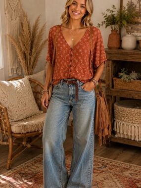 By Together Rust Printed V-Neck Button Front Blouse